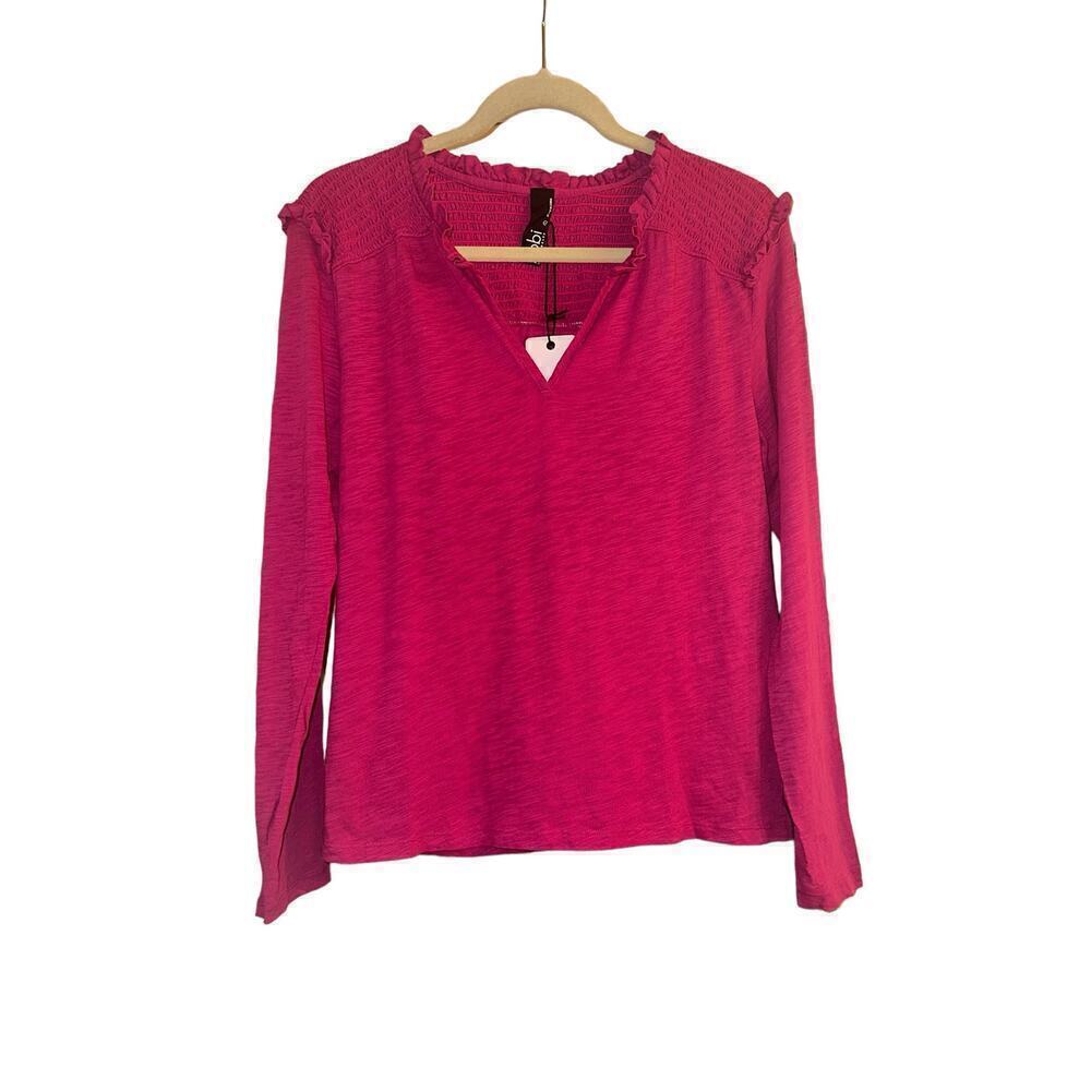 Bobi Women's Long Sleeve Split Neck Smocked Yoke Ruffle Top Size L Dragonfruit